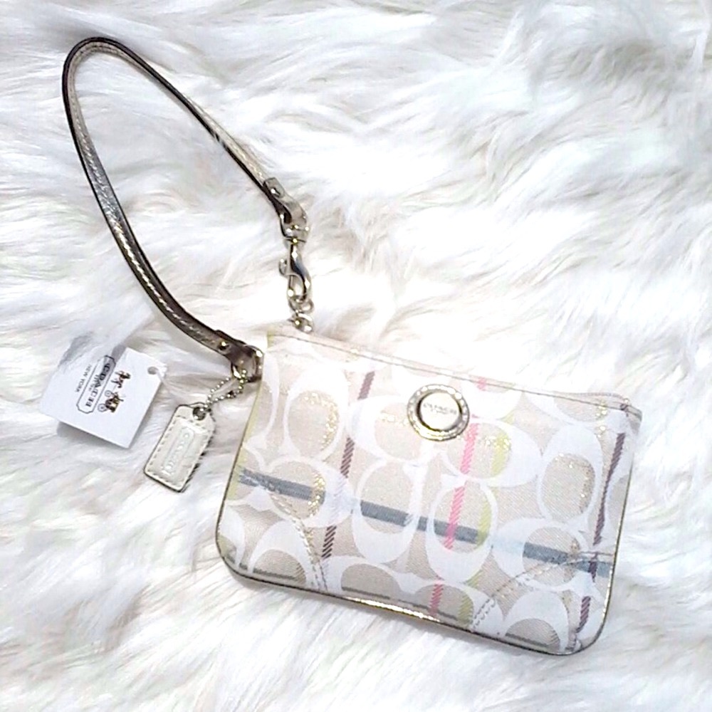 Coach Print Pattern Muti Color Pink Blue White Green Gold Wristlet Mini Zip Bag